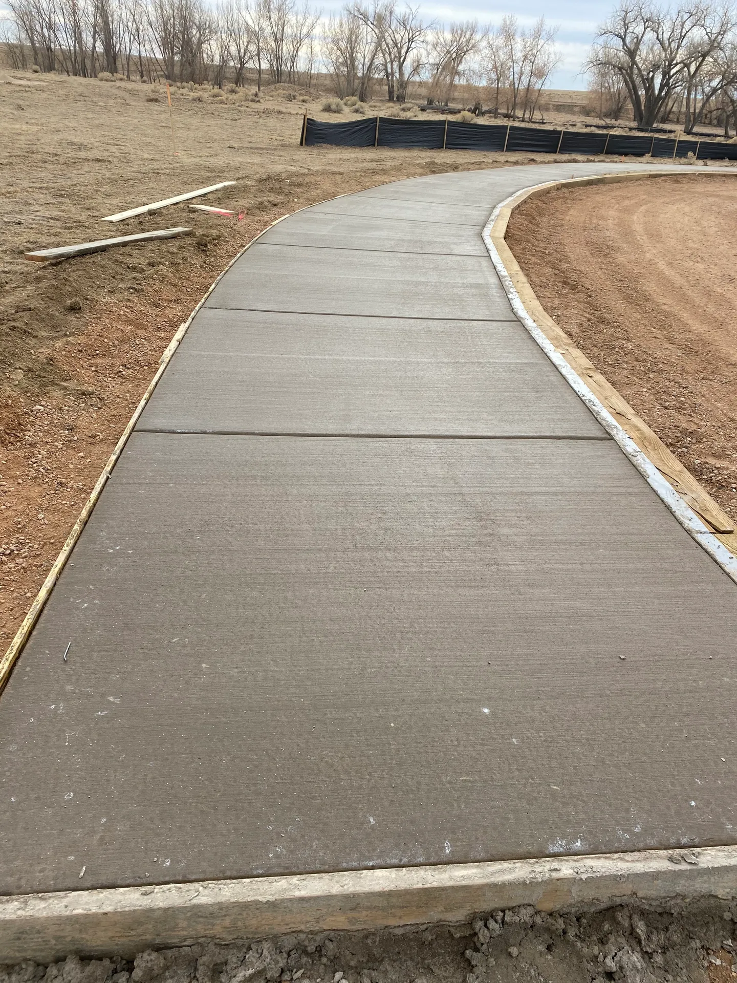 Long curved broom-finished concrete sidewalk crossing an open Colorado property